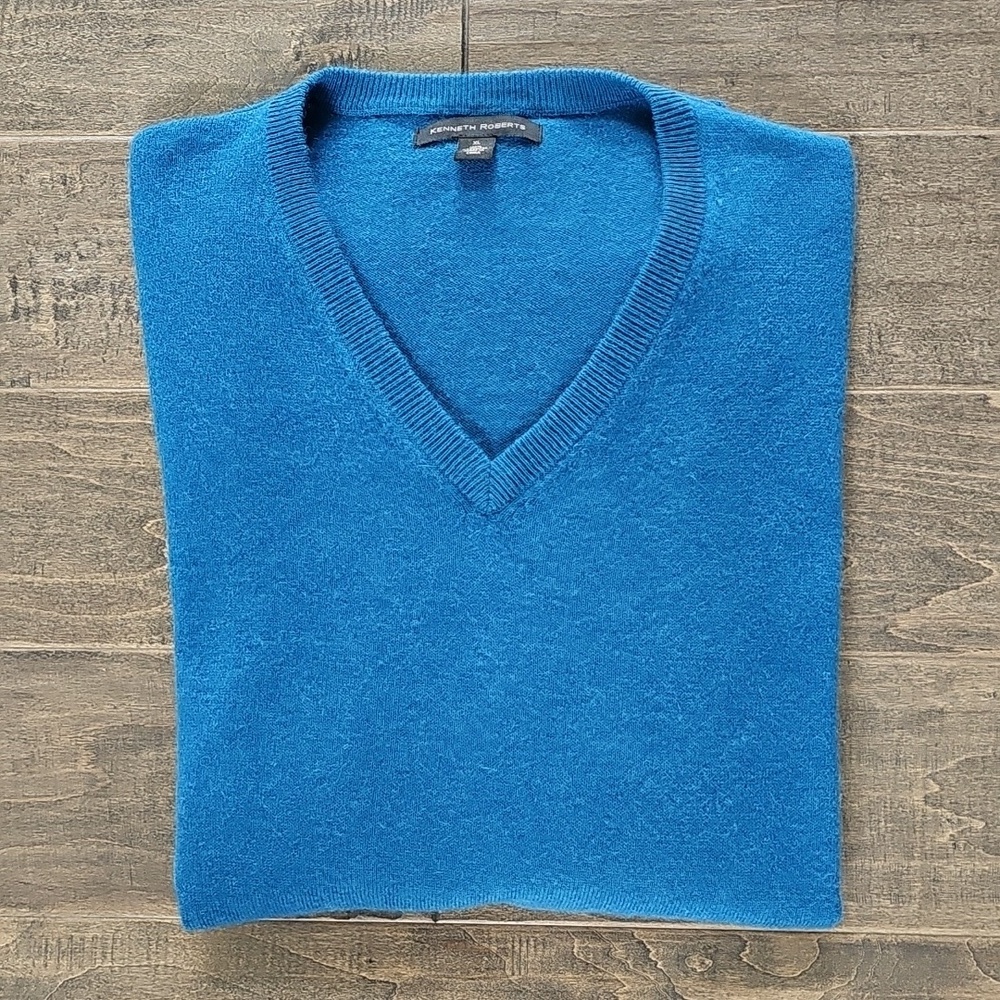 Cashmere Kenneth Roberts Ocean Blue Men's V-Neck Sweater Sz XL